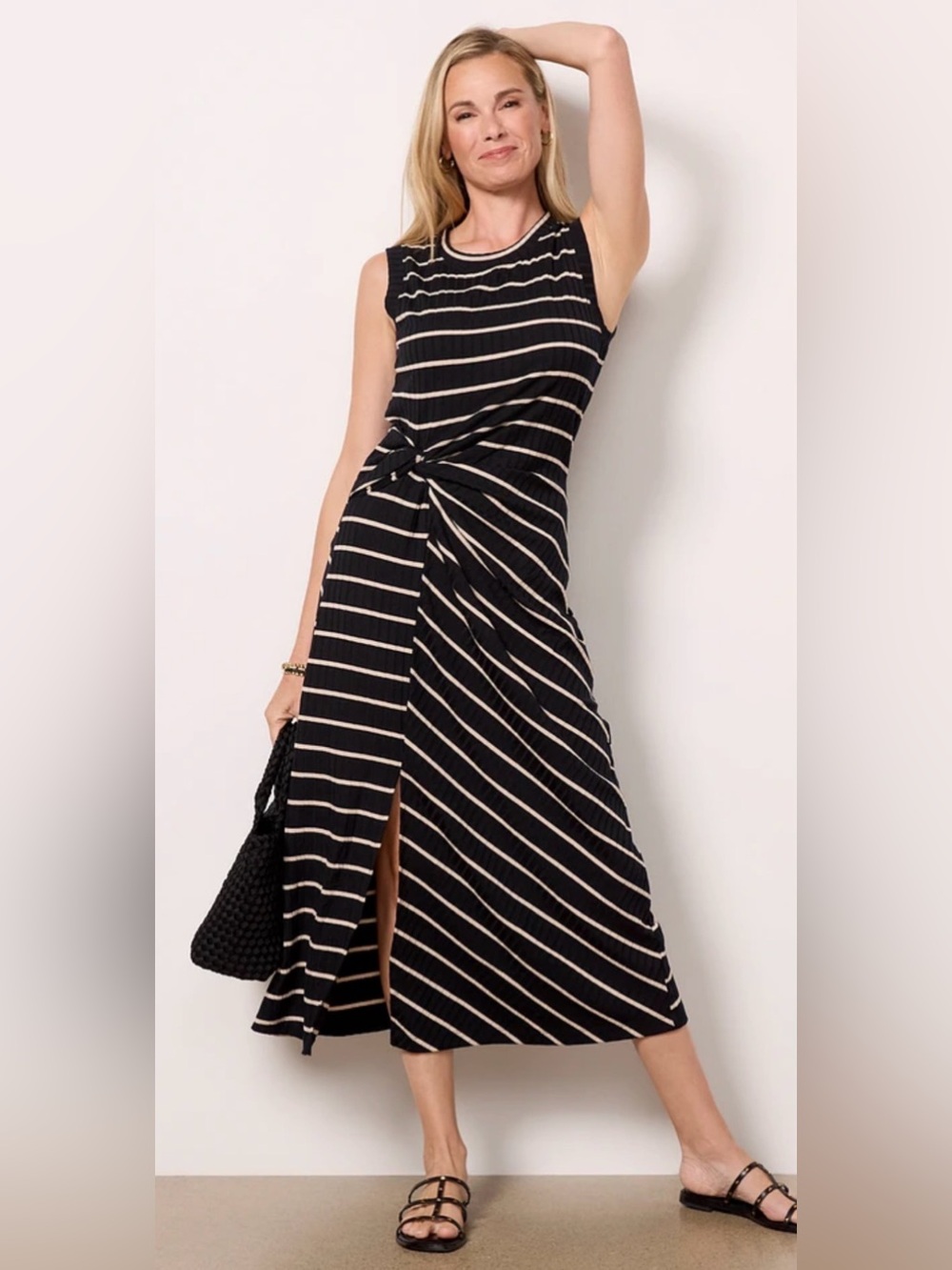 Evereve Gemma Sleeveless Black & Cream Striped Knot-Waist Midi Dress
